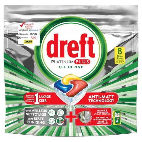 Dreft Platinum Plus Lemon All in One Kapsułki do Zmywarki 8 szt.